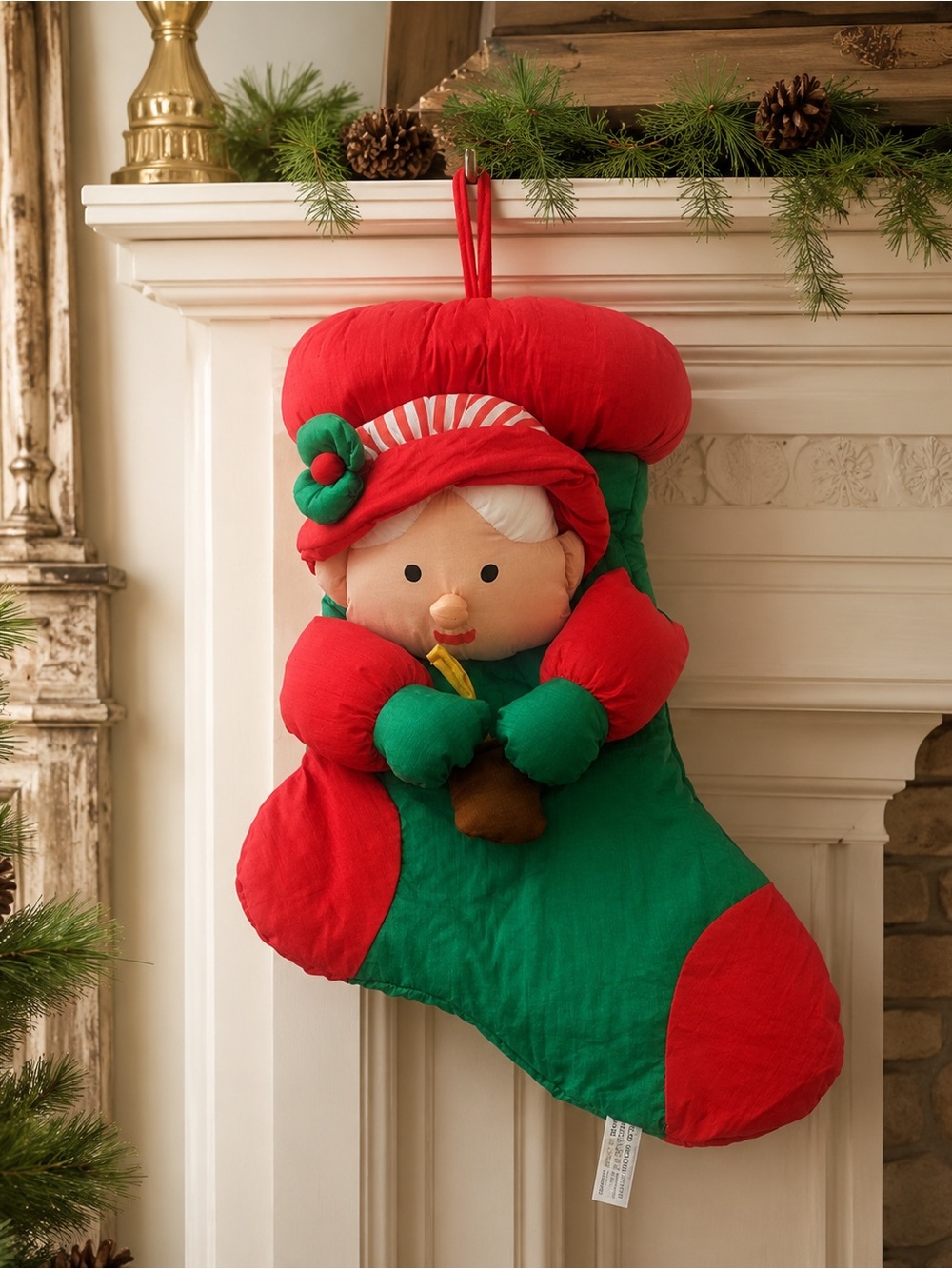 Vintage Telco Creations Puffy Mrs. Claus Christmas Stocking Decor